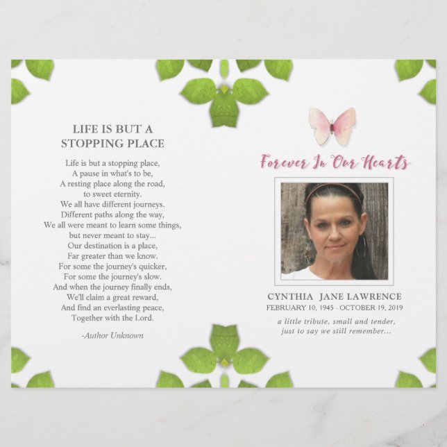 Rosa Butterfly Photo Funeral Memorial Program (Framsida)