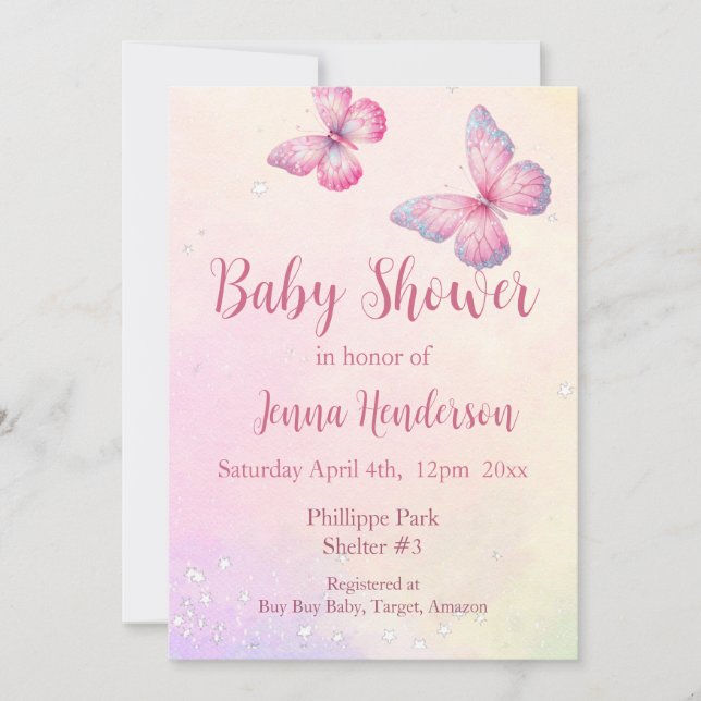 Rosa Butterfly QR Code Baby Shower-inbjudan Inbjudningar (Framsida)