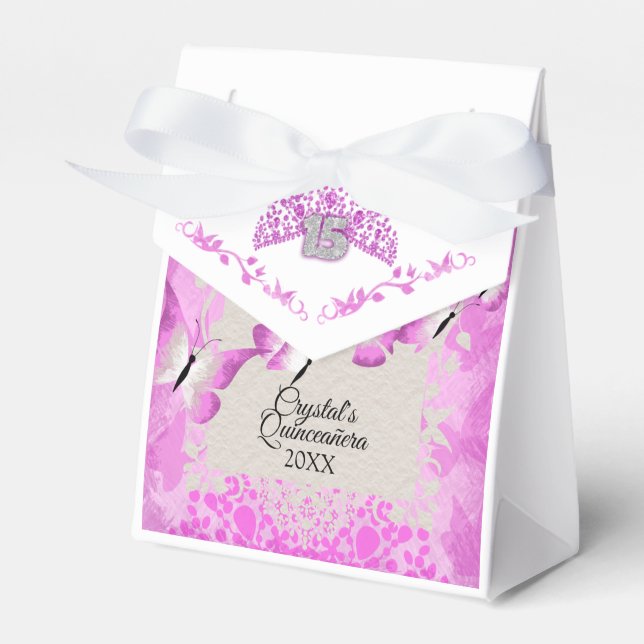 Rosa Butterfly Quinceanera Favoritbox Presentaskar (Framsidan Sidan)
