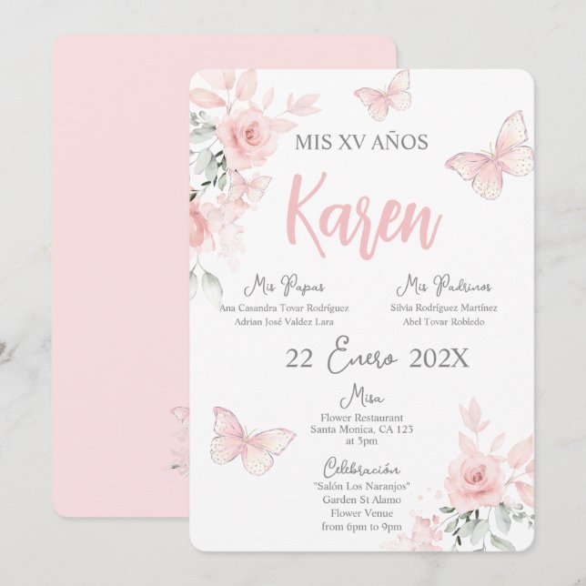 Rosa Butterfly Quinceañera Spansk inbjudan (Fram/baksida)