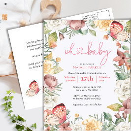 Rosa Butterfly Ro Blommigt Grönt Girl Baby Shower Inbjudan Vykort