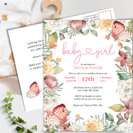 Rosa Butterfly Ro Blommigt Grönt Girl Baby Shower Inbjudan Vykort