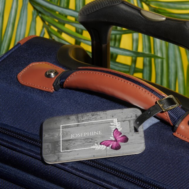 Rosa Butterfly Rustic Luggage Tag Bagagebricka (Framsida Insitu 3)