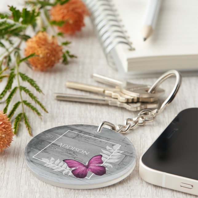 Rosa Butterfly Rustic Personlig Keychain (Högra Framsidan)