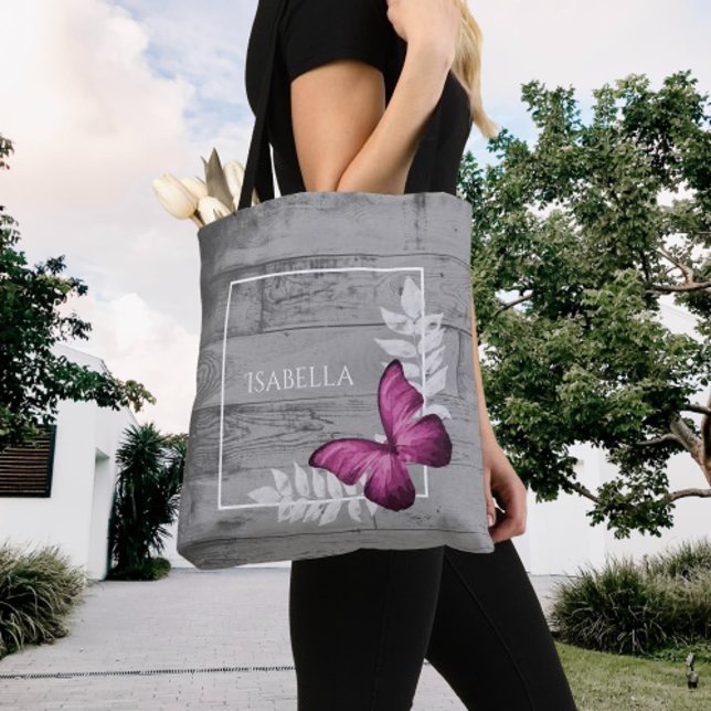 Rosa Butterfly Rustic Personlig Tote Bag Tygkasse (Pink Butterfly Rustic Personalized Tote Bag)