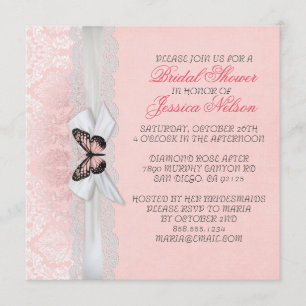 Rosa Butterfly Snöre Ribbon Damask Möhippa Inbjudningar
