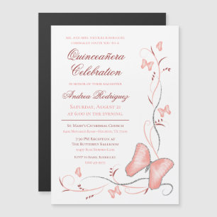 Rosa Butterfly & Swirls Quinceañera Magnetisk Inbjudningskort