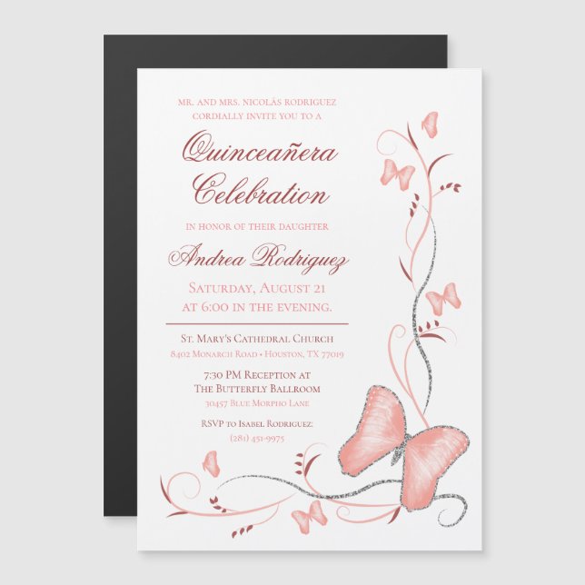 Rosa Butterfly & Swirls Quinceañera Magnetisk Inbjudningskort (Fram/baksida)