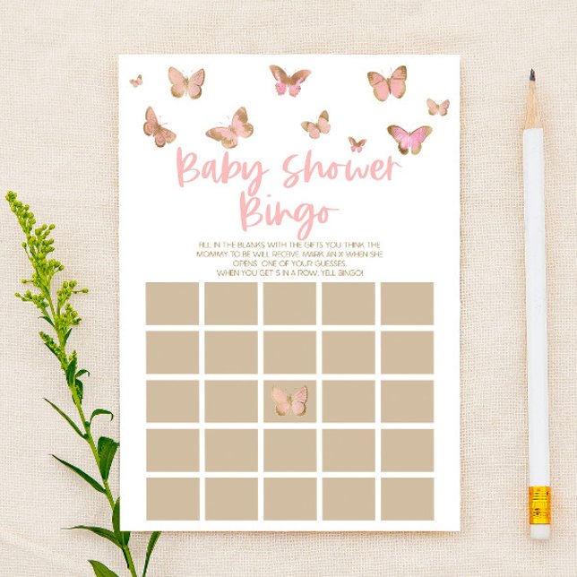 Rosa Butterfly Theld Bingo Baby Shower Game Brevpapper (Skapare uppladdad)