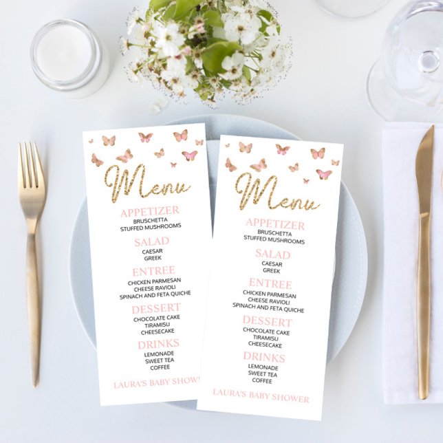 Rosa Butterfly Thuppe Baby Shower Flat Menu Meny (Skapare uppladdad)