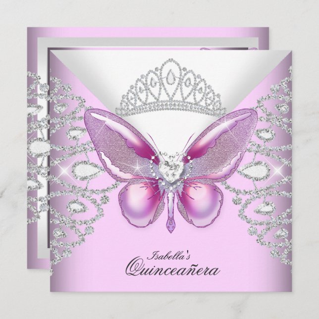 Rosa Butterfly Tiara Quinceanera 15:e Party Inbjudningar (Fram/baksida)