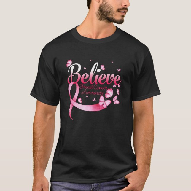 Rosa Butterfly tror att medvetenheten om bröstcanc T Shirt (Framsida)