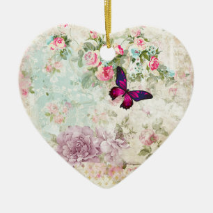 Rosa Butterfly Vintage Shabby Collage Julgransprydnad Keramik