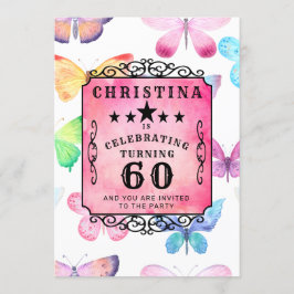 Rosa Butterfly Watercolor 60:e Födelsedagsfesten Inbjudningar