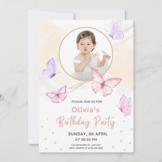 Rosa Butterfly Watercolor Birthday Inbjudningar (Framsida)