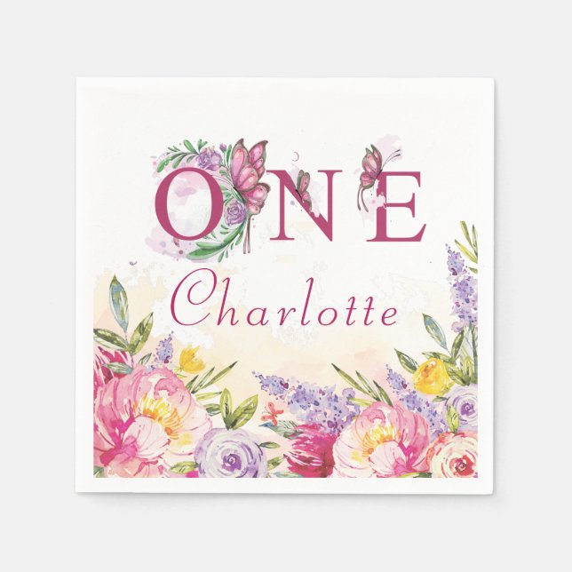 Rosa Butterfly Watercolor Blommigt Birday ONE Pappersservett (Framsidan)