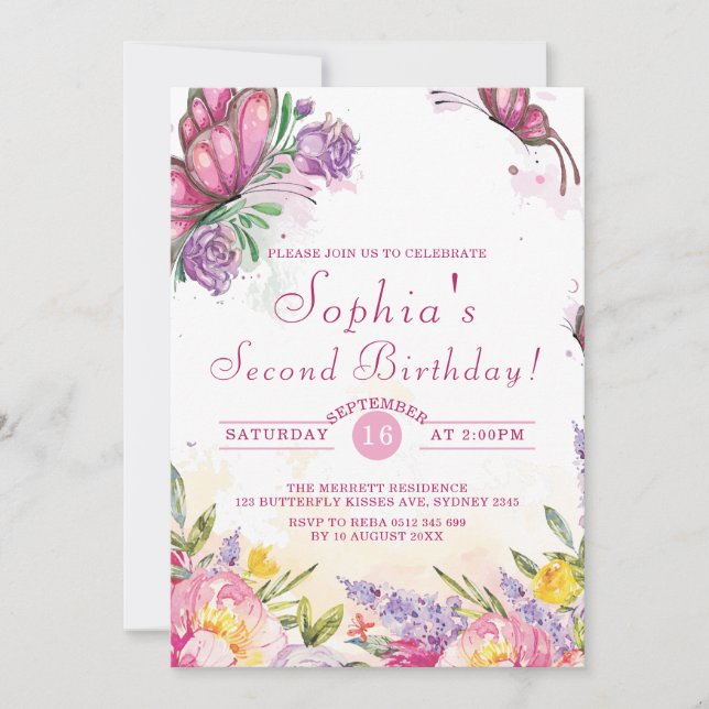 Rosa Butterfly Watercolor Blommigt Birthday Inbjudningar (Framsida)