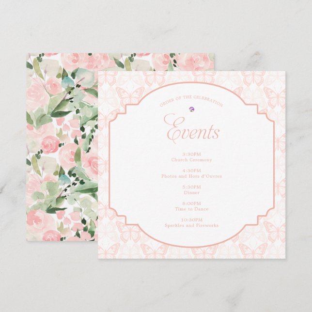  Rosa Butterfly Watercolor Blommigt Party Program (Fram/baksida)