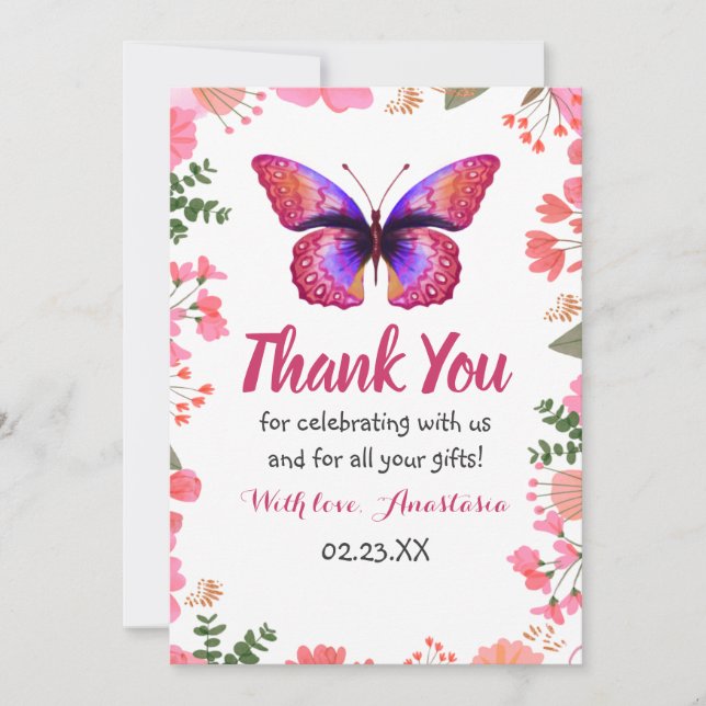 Rosa Butterfly Watercolor Blommigt Ram Birthday Tack Kort (Framsida)