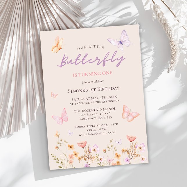 Rosa Butterfly WildblomGirl First Birthday Inbjudningar (Skapare uppladdad)