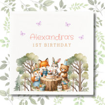 Rosa Butterfly Woodland Animals Girl 1 Birthday