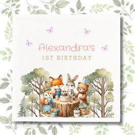 Rosa Butterfly Woodland Animals Girl 1 Birthday Pappersservett