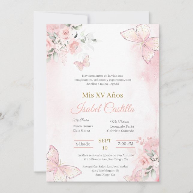 Rosa butterlfly Quinceanera-inbjudan Inbjudningar (Framsida)