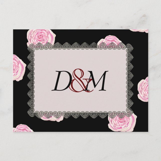 Rosa Cabbage Ro och Black Snöre Bröllop Meddelande Vykort (Framsida)