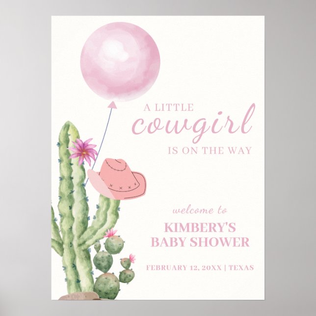 Rosa Cactus Balloon Cowgirl Baby Shower Välkommen Poster (Framsidan)