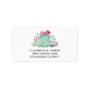 Rosa Cactus Flowers Succulents Watercolor Adressetikett