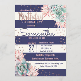 Rosa Cactus Navy Rand Ro Guld Födelsedagsfest Inbjudningar