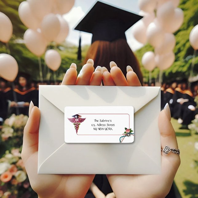 Rosa caduceus Stethoscope Nurse Studenten adress Adressetikett (Skapare uppladdad)