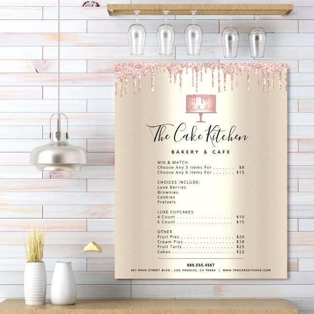 Rosa Cake Bakery Glitter Drip Guld Menu Pris List Poster (Skapare uppladdad)
