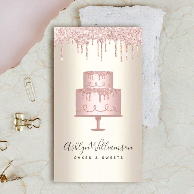 Rosa Cake Bakery Glitter Drives Guld Chef Dessert Visitkort (Skapare uppladdad)