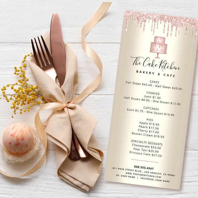 Rosa Cake Bakery Glitter Pastry Chef Menu Guld  Reklamkort (Skapare uppladdad)
