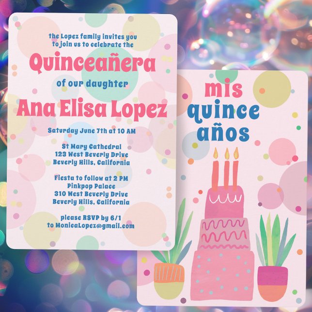 Rosa Cake Bubbles Whimsical QUINCEANERA Anpassning Inbjudningar (Pink Cake Bubbles Whimsical QUINCEANERA Custom Invitation
)