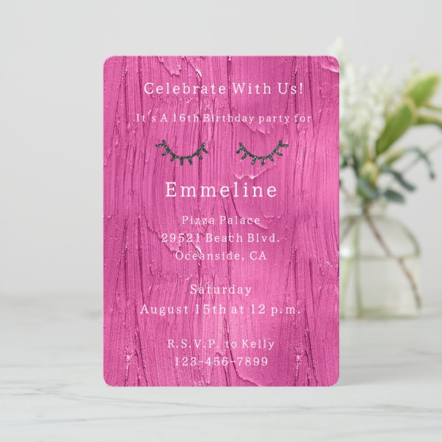Rosa Cake Glitzy Black Glitter Eyelash Birthday Inbjudningar (Stående Fram)