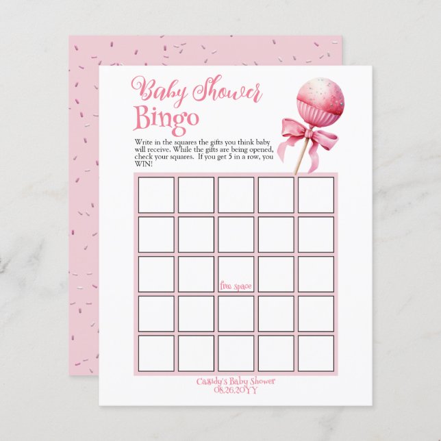 Rosa Cake Pop Baby Shower Bingo Game (Fram/baksida)