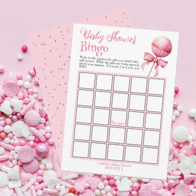 Rosa Cake Pop Baby Shower Bingo Game Inbjudningar (Pink Cake Pop Girl Baby Shower "Bingo" Game Card -- Pink Candy Frame Collection)