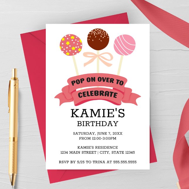 Rosa Cake Pops Födelsedagsfest Inbjudningar (Pink Cake Pops Birthday Party Invitation)