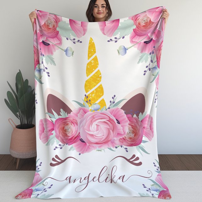 Rosa California Poppies Blommigt Unicorn Head Fleecefilt (Pink California Poppies Floral Unicorn Head Fleece Blanket (L))