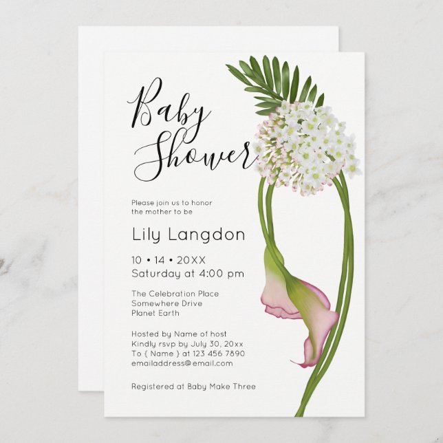 Rosa Calla Lilies Elegant & Modern Blommigt | Vit Inbjudningar (Fram/baksida)