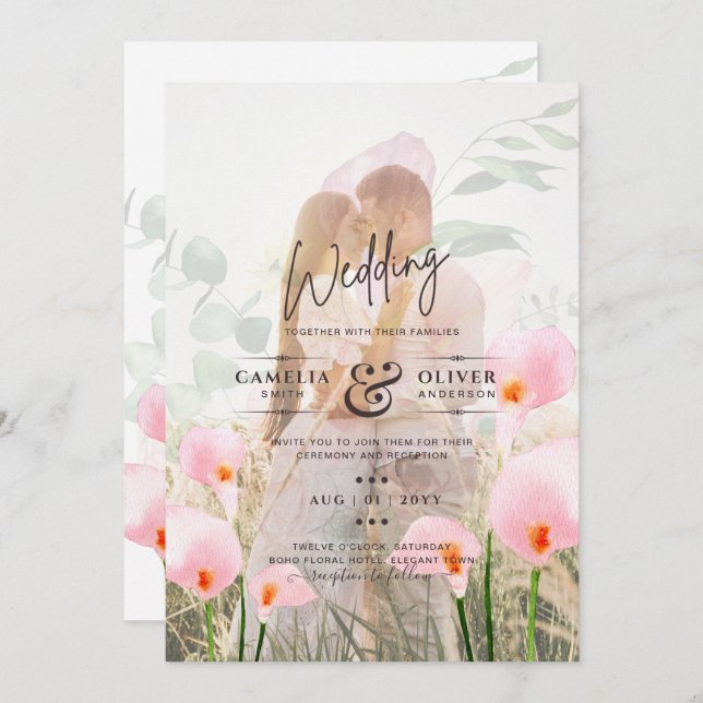 ROSA CALLA LILIES PHOTO OVERLAY WEDDING INVITE INBJUDNINGAR (Fram/baksida)