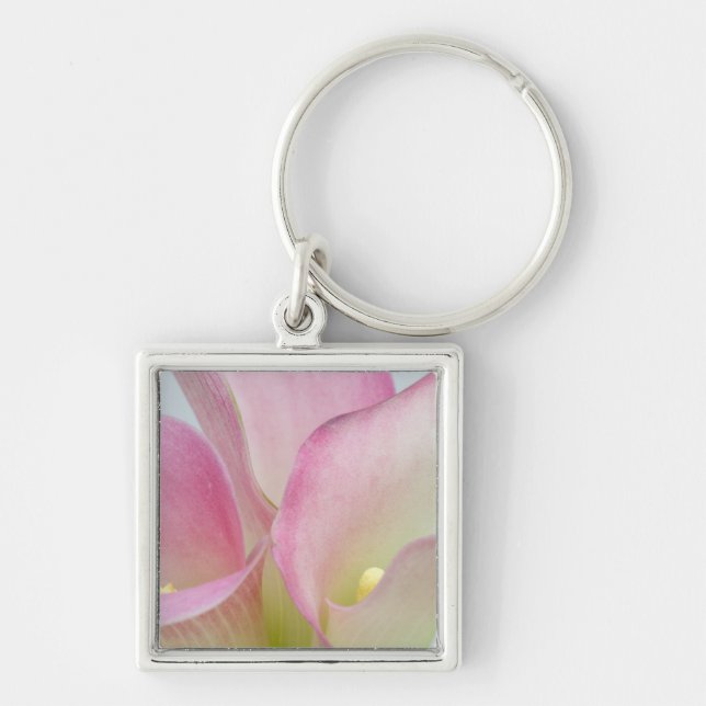 Rosa Calla Lilior Fyrkantig Silverfärgad Nyckelring (Framsidan)