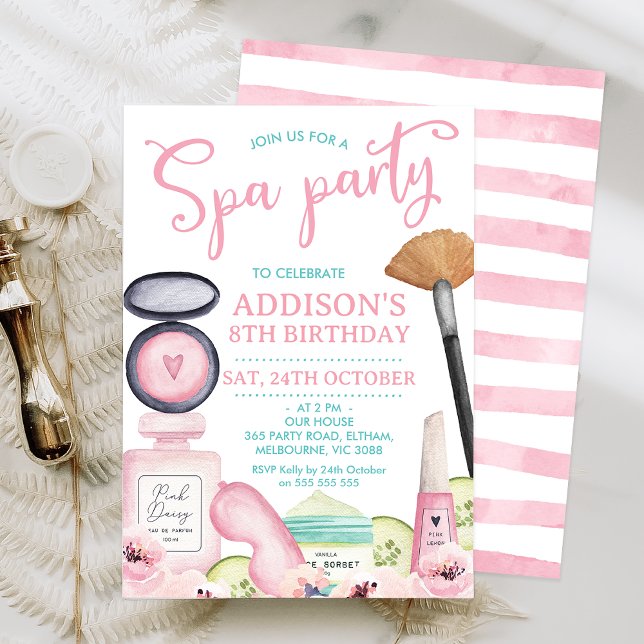 Rosa Calligraphy Spa Party Birthday Call Inbjudningar (Pink calligraphy heading spa party themed birthday invitation featuring various beauty products.)
