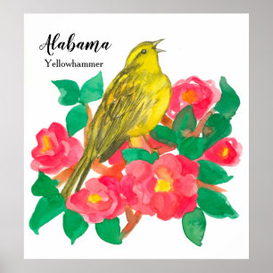 Rosa Camellias Bird Yellowhammer Watercolor Poster