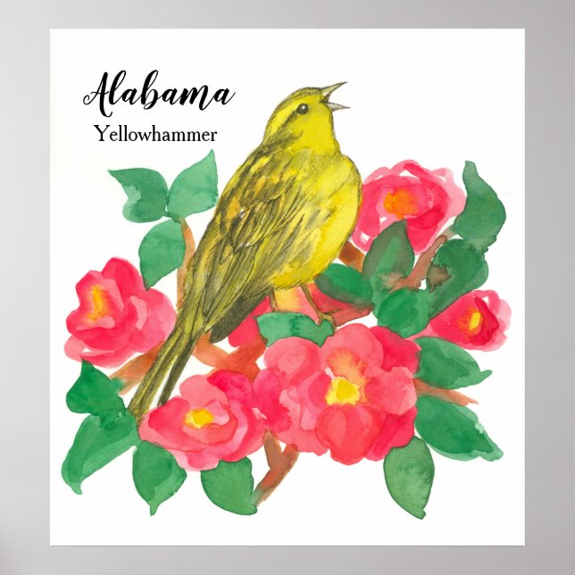 Rosa Camellias Bird Yellowhammer Watercolor Poster (Framsidan)