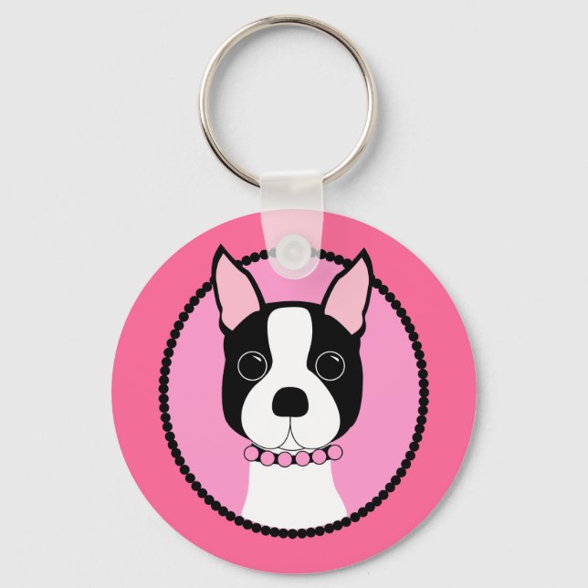 Rosa Cameo Boston Terrier Nyckelring (Framsida)