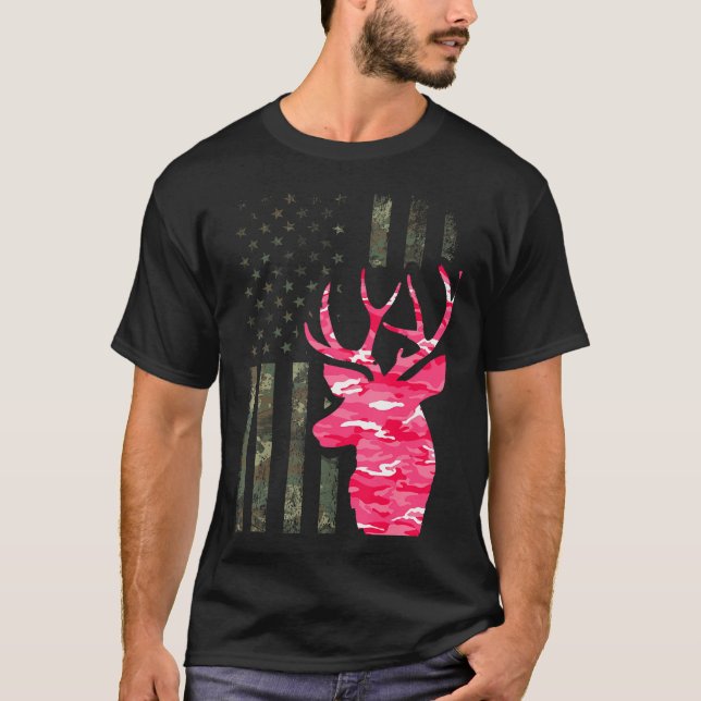 Rosa Camo American Flagga Camouflage Buck Hunting  T Shirt (Framsida)