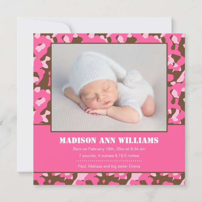 Rosa Camo Baby Photo Birth Notice Meddelande (Framsida)